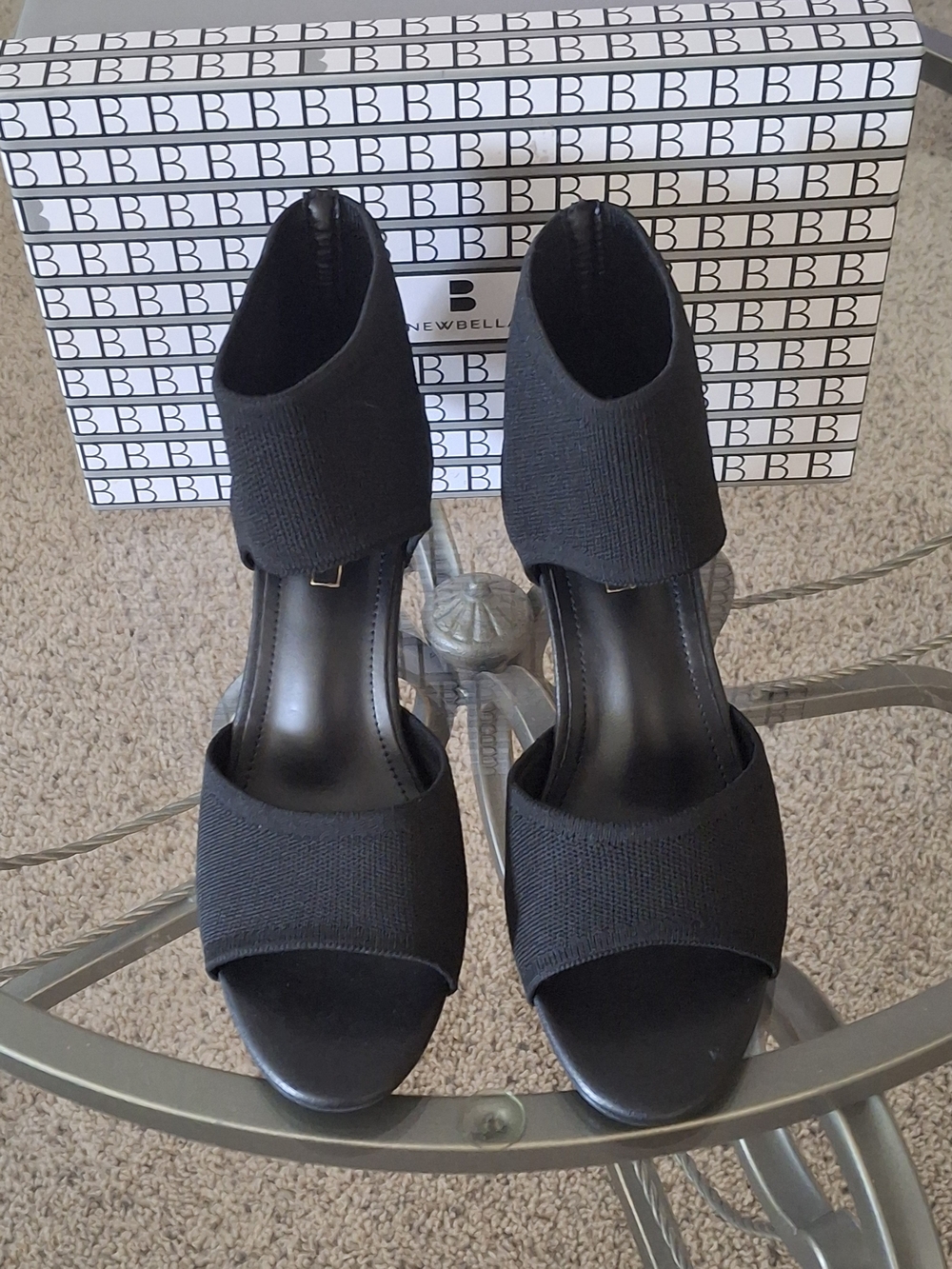 Newbelle Black Knit Open-Toe Ankle Strap Heels